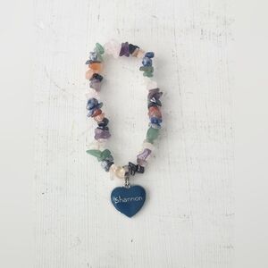 Natural Stone Chip Bead Stretch Bracelet Blue Heart Charm Personalized "SHANNON"